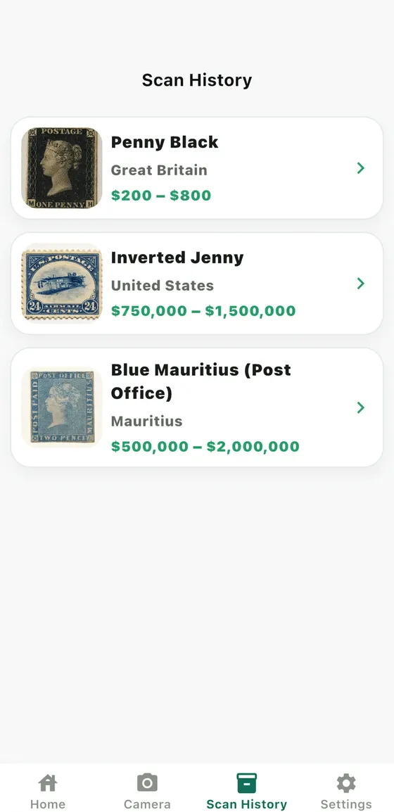 Stampo scan history listing Penny Black, Inverted Jenny and Blue Mauritius, each saved with its estimated value range