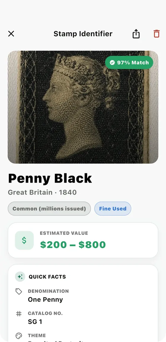 Stampo result screen identifying a Penny Black from Great Britain, 1840, with a 97% match and an estimated value of $200 to $800