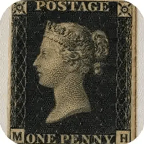 Penny Black 1840 — the world's first adhesive postage stamp, showing Queen Victoria's profile in black