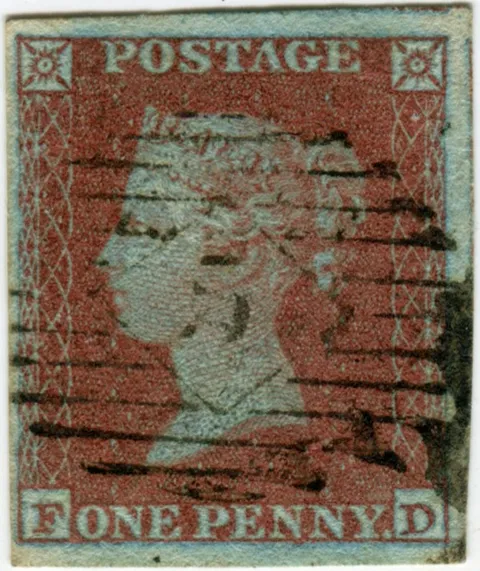 Penny Red 1841 — Great Britain's common one penny stamp showing Queen Victoria's profile in red-brown