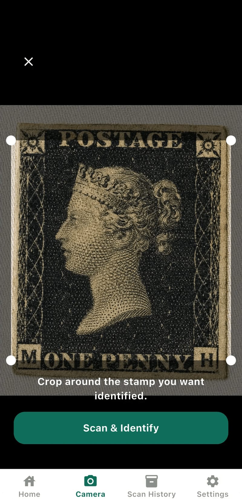 Stampo camera screen scanning a postage stamp